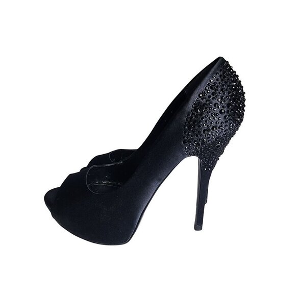 Aldo Black Satin Peep Toe High Heels With Rhinestone Embellished Heel Size 9 - Picture 6 of 14